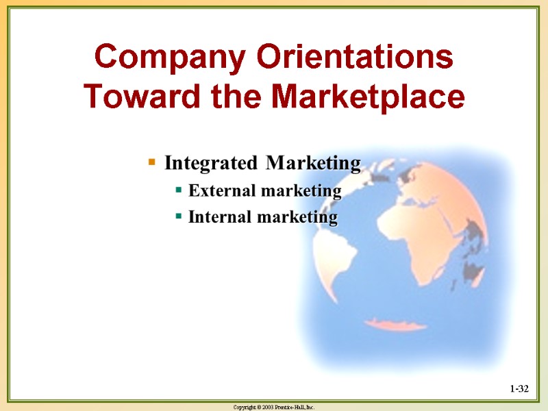 1-32 Company Orientations Toward the Marketplace Integrated Marketing External marketing Internal marketing